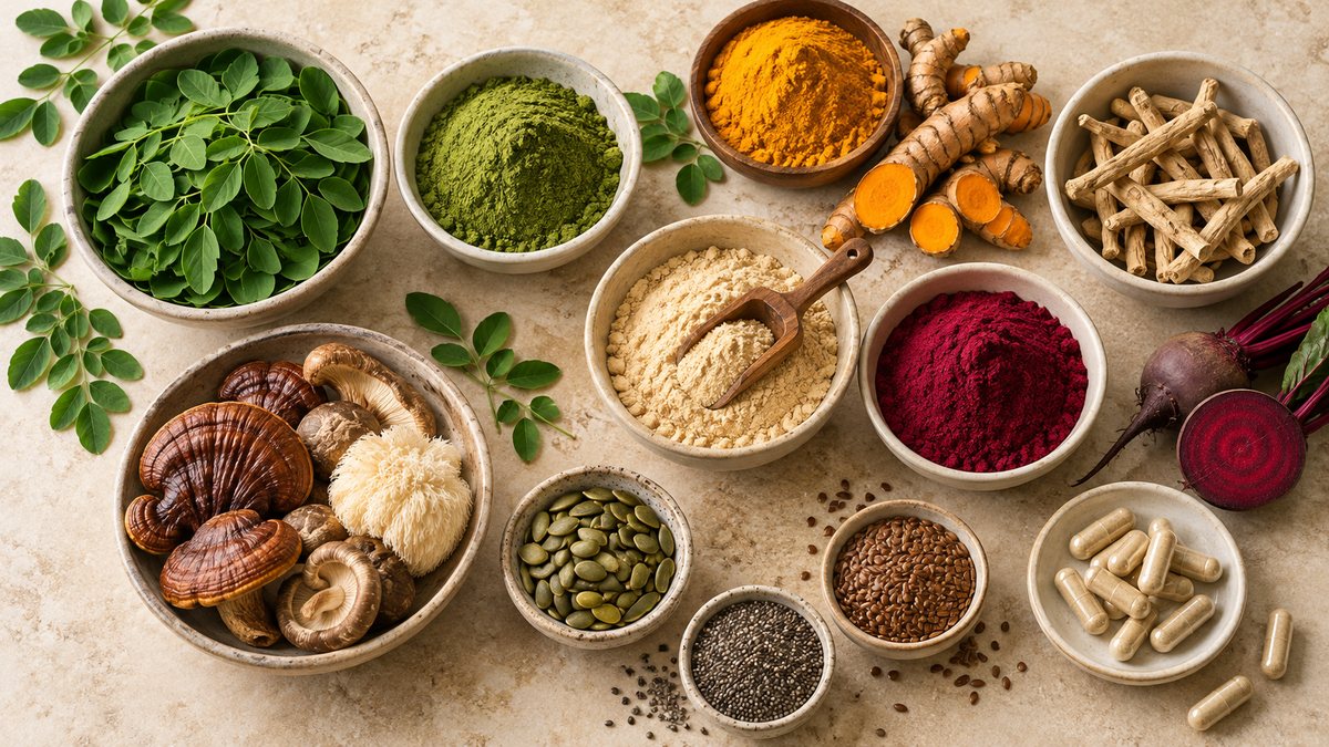 A selection of natural supplement ingredients including moringa, turmeric, mushrooms, seeds and capsules