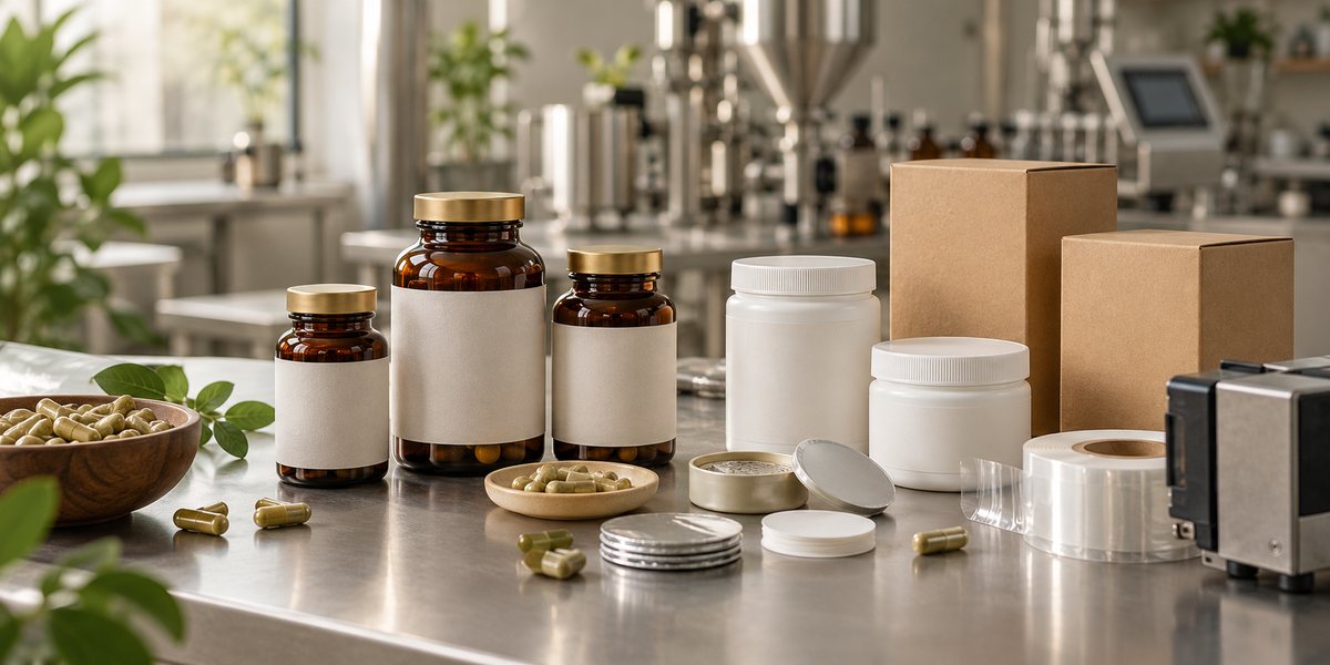 Blank supplement bottles, cartons, capsules and packaging materials on a clean production surface